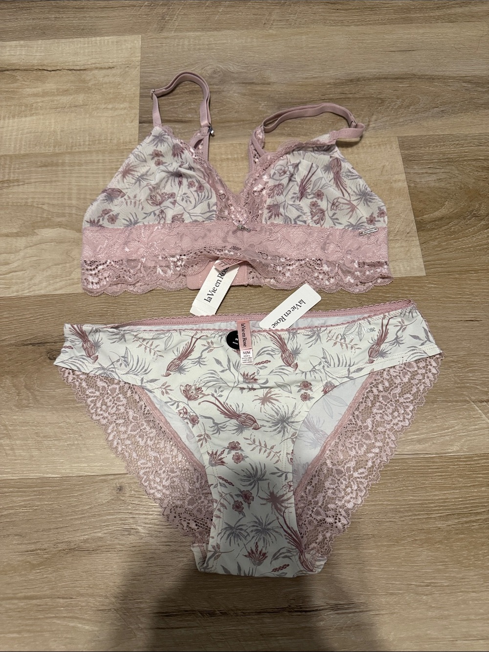La Vie En Rose Pink Floral Lace Bralette & Bikini Set